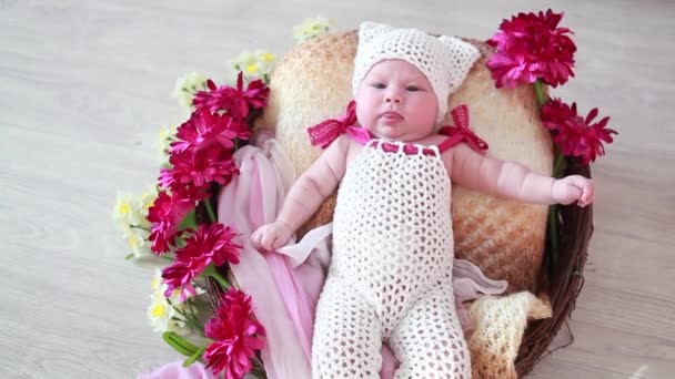 Newborn baby in a basket of flowers — Stock Video