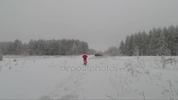 Санта бежит к машине зимой в лес. Фильм замедленного действия — стоковое видео