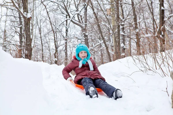 Mädchen rollt im Winter auf dem Schlitten — Stockfoto