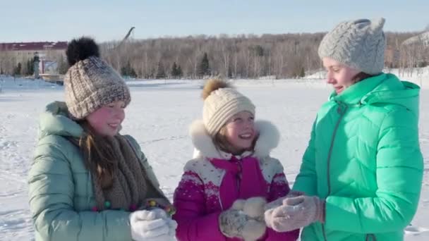 Los niños divertidos en gorras y manoplas arrojan nieve en invierno. 4K — Vídeo de stock