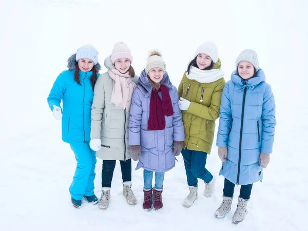 Un gruppo di bellissimi adolescenti in piumini e cappelli colorati stanno camminando in una giornata invernale — Foto Stock