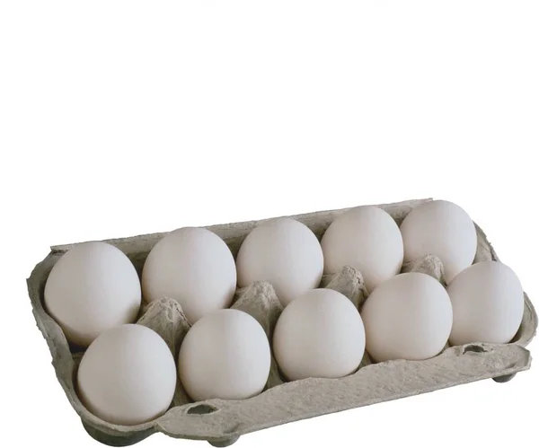 Diez Huevos Embalaje Bajo Fondo Blanco —  Fotos de Stock