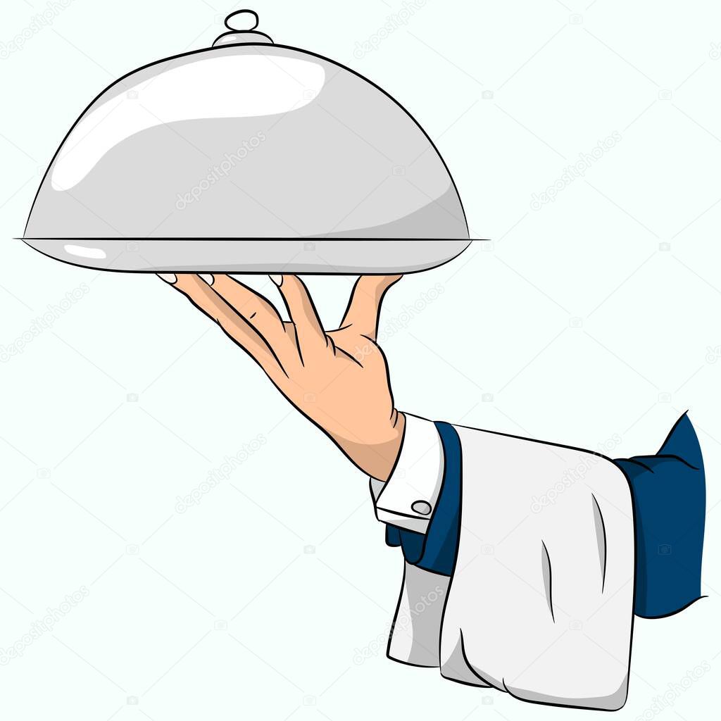 Waiter's hand with a tray. Vector drawing.