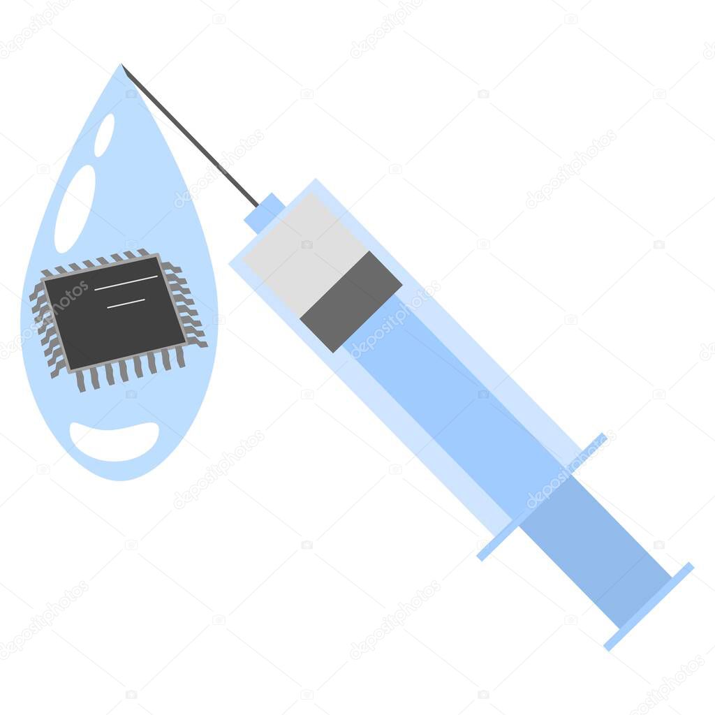 Vector graphic, syringe with vaccine and chip. Flat design.