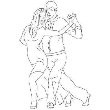 Vektör çizimi düz tasarım. Dansçılar, erkek ve kız, siyah ve beyaz, doodle.