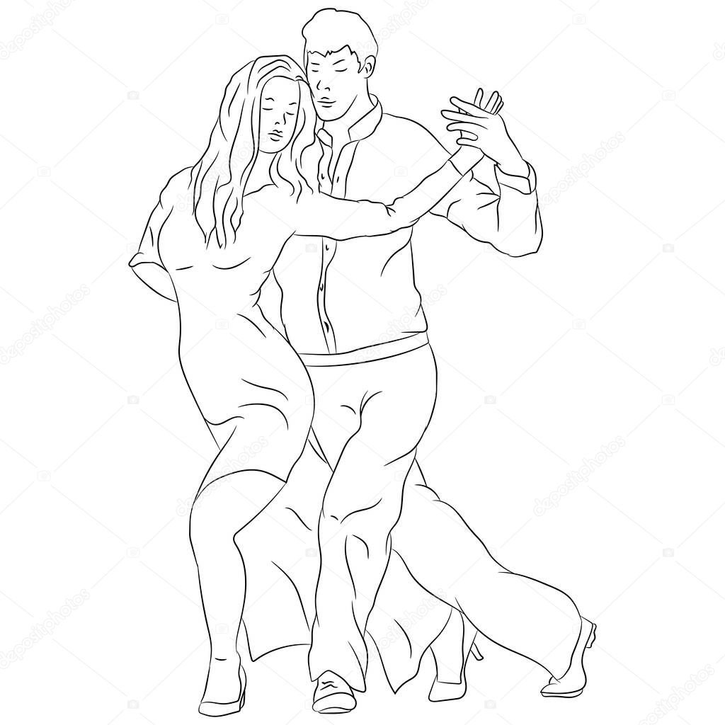Vector illustration flat design. Dancers, guy and girl, black and white, doodle.