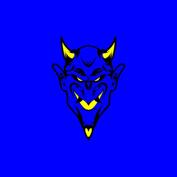 Blue Devil Head Ilustração Diabo Com Chifre —  Vetores de Stock