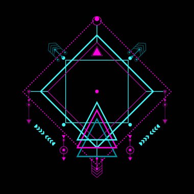 Siyah arka planda modern kutsal geometrik desen. Pembe ve yeşil doğrusal şekiller. Dövme, baskı, poster, tişört, tekstil ve arka plan için kullanabilirsiniz.