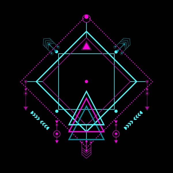 Siyah arka planda modern kutsal geometrik desen. Pembe ve yeşil doğrusal şekiller. Dövme, baskı, poster, tişört, tekstil ve arka plan için kullanabilirsiniz.