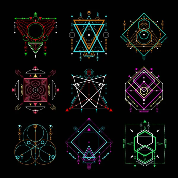 Siyah arka planda modern kutsal geometrik sembollerin vektör seti. Soyut mistik işaretler koleksiyonu. Renkli doğrusal şekiller. Tasarımınız için kullanılabilir: dövme, baskı, posterler, tişörtler.