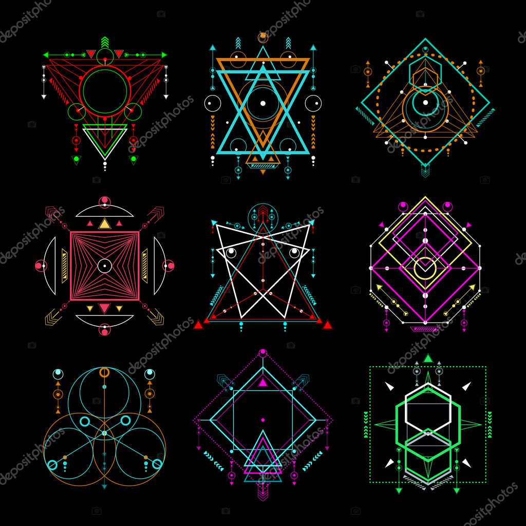 Vector set of Modern sacred geometric symbols on black background. Abstract mystic signs collection. Colorful linear shapes. Can use for your design: tattoo, print, posters, t-shirts.