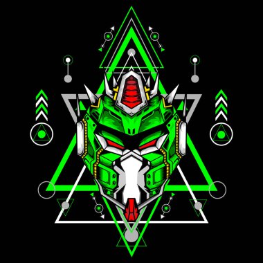 Robot kafası tasviri modern çizgi arkaplanına sahip, gömlek tasarımı, dövme, duvar kağıdı, sanat baskısı için kullanılabilir.