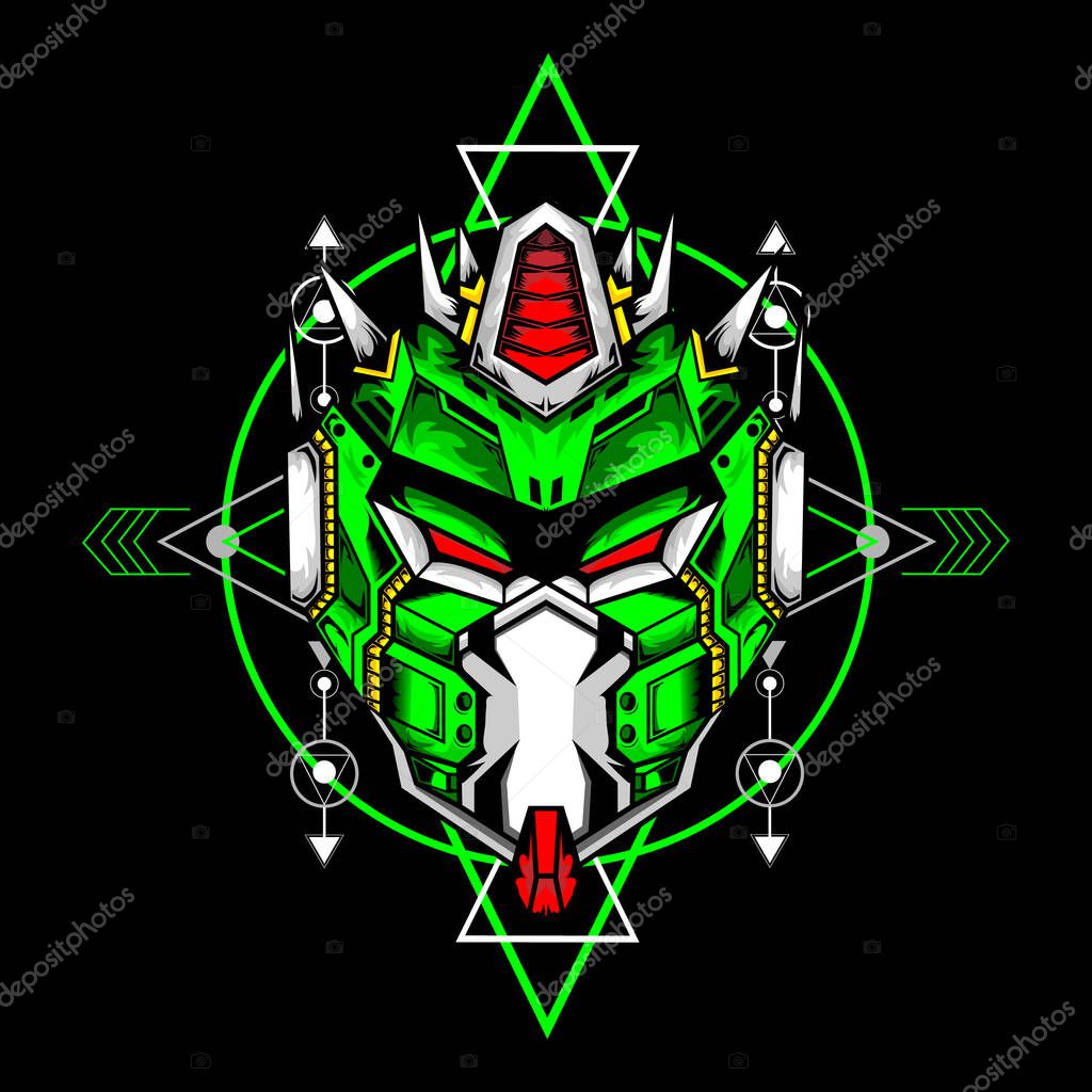 Illustration of Mecha head with modern line background, can use for t shirt design, tattoo, wallpaper, art print.