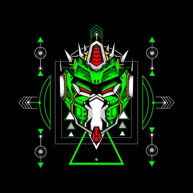 Kutsal geçmişi olan robot kafası, oyun logosu, spor tişörtü olarak kullanılabilir. Düzenlenebilir