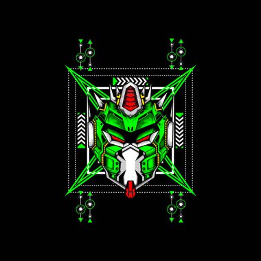 Kutsal geçmişi olan robot kafası, oyun logosu, spor tişörtü olarak kullanılabilir. Düzenlenebilir