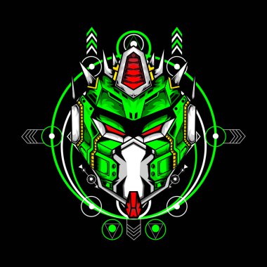 Oyun için modern kutsal geometri geçmişine sahip robot kafası. Spor logosu, oyun maskotu logosu.