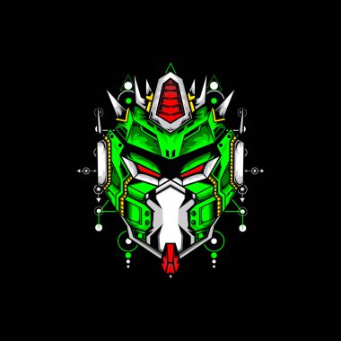 Oyun için modern kutsal geometri geçmişine sahip robot kafası. Spor logosu, oyun maskotu logosu.