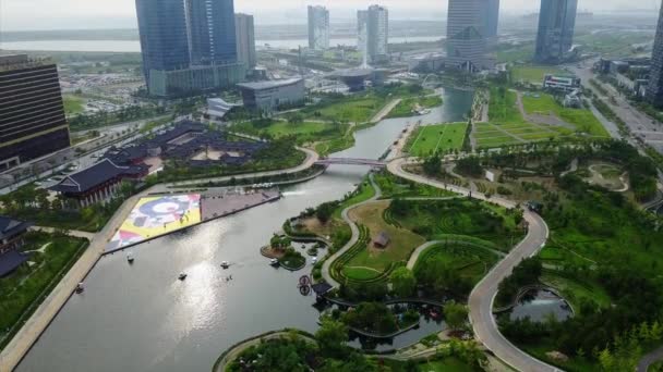 Antenn Songdo Central Park Incheon Sydkorea — Stockvideo