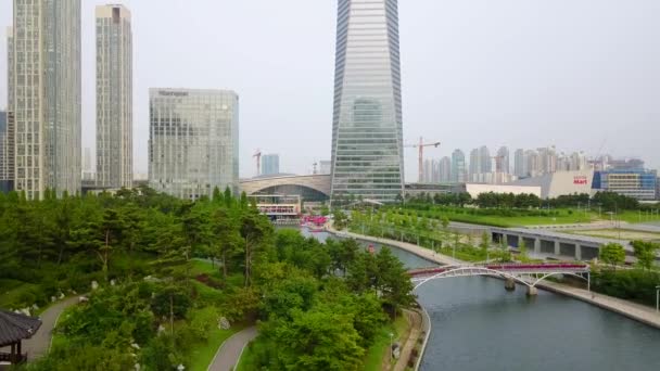 Antenne Van Songdo Central Park Incheon Zuid Korea — Stockvideo