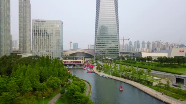 Aérea Del Parque Central Songdo Incheon Corea Del Sur Clip De Vídeo