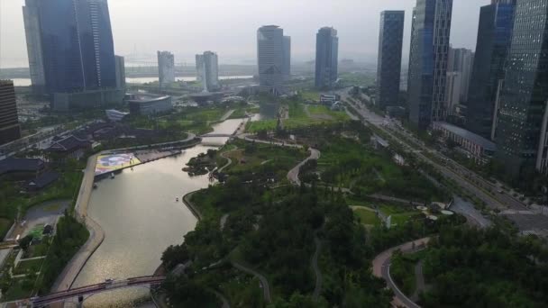 Antenne Van Songdo Central Park Incheon Zuid Korea — Stockvideo