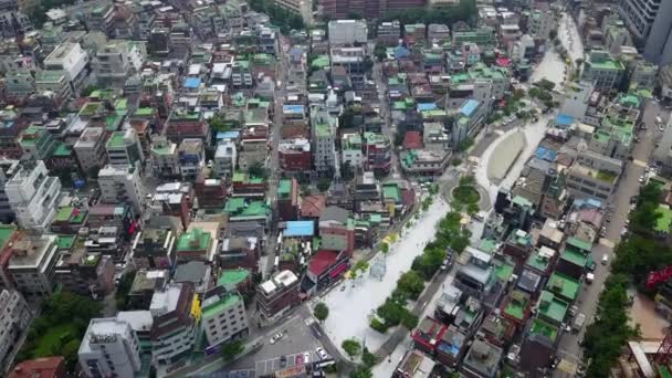 Antenne Von Straßen Der Nähe Hongdae Einkaufsstraße Seoul Südkorea — Stockvideo