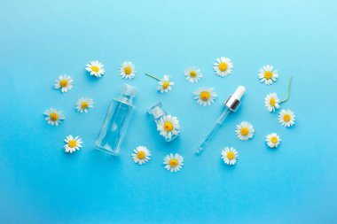 Mavi arka planda dişi hijyen papatya çiçeği kompozisyonu.