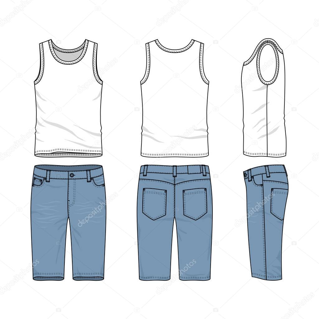 Set of male vest and jeans shorts.
