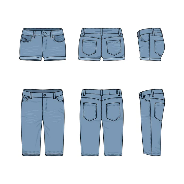 Set di pantaloncini jeans maschili e femminili . — Vettoriale Stock