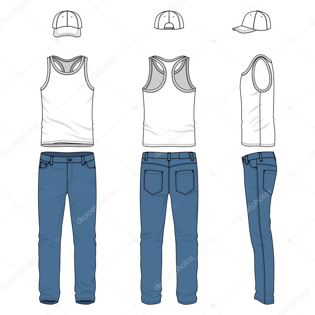 Set of male vest, jeans, baseball cap.