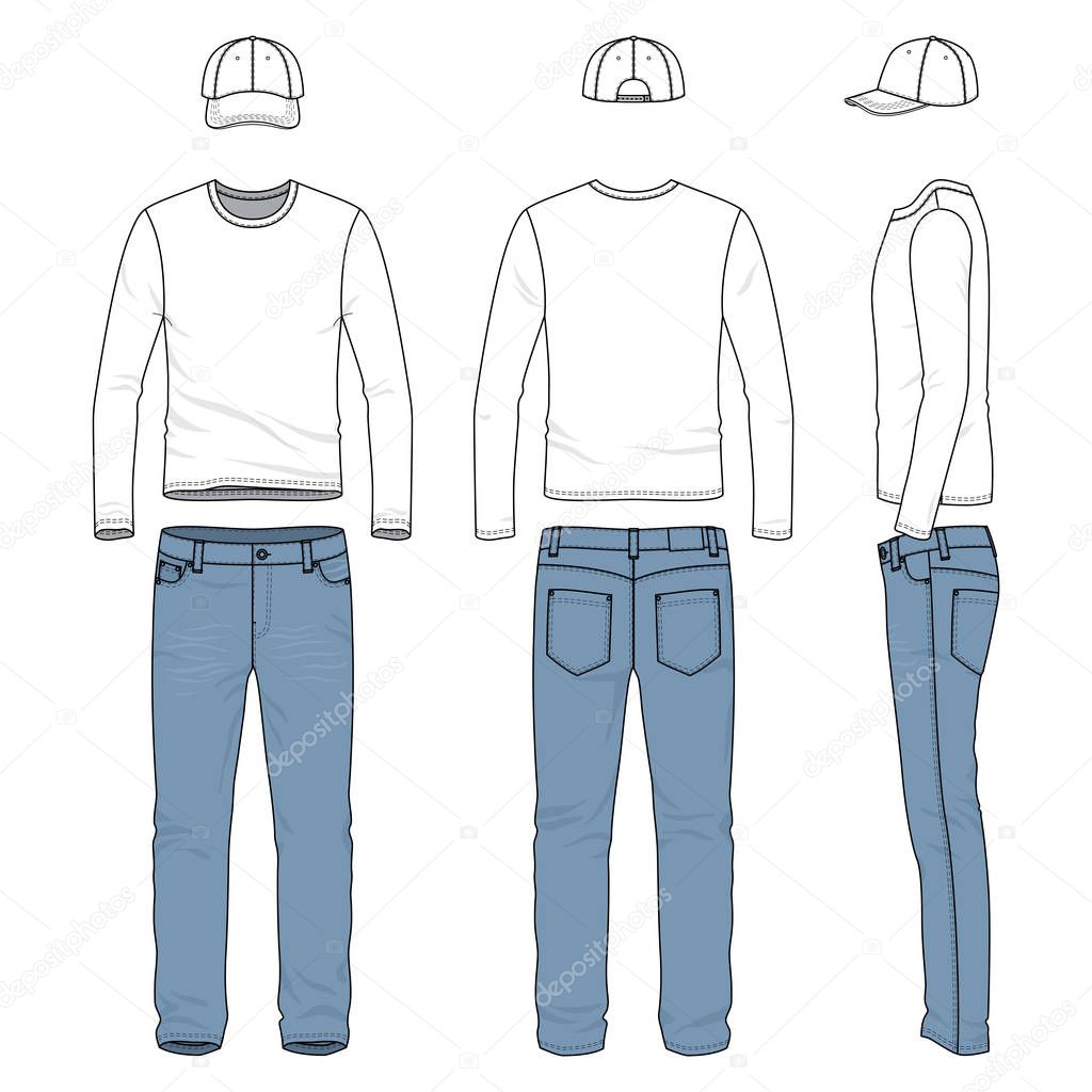 Set of male tee, jeans, baseball cap.