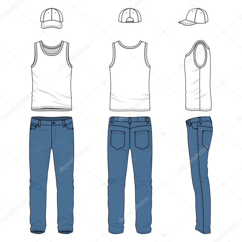 Set of male vest, jeans, baseball cap.