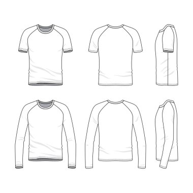 Vektör şablonları giyim ayarlayın. Ön, geri, yan görünümlerini boş raglan kollu t-shirt ve tee. Spor giyim, tek tip kıyafet. Moda illüstrasyon. Hat sanat tasarım.