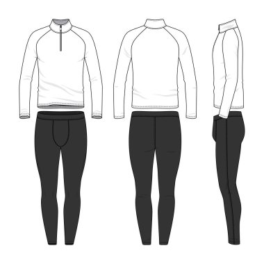 Vector templates of clothing set. Front, back, side views of blank shirt, jogging pants. Shirt with zipper and raglan sleeves. Sportswear, uniform clothes. Fashion illustration. clipart