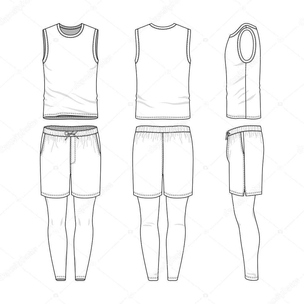 Vector templates of clothing set. Front, back, side views of blank vest, sports shorts, jogging pants. Sportswear, uniform clothes. Fashion illustration.