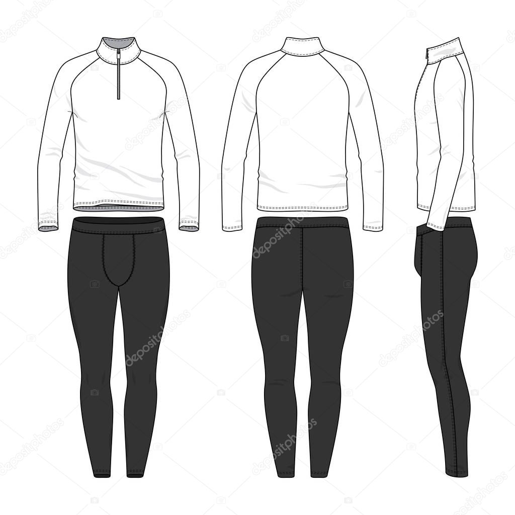 Vector templates of clothing set. Front, back, side views of blank shirt, jogging pants. Shirt with zipper and raglan sleeves. Sportswear, uniform clothes. Fashion illustration.