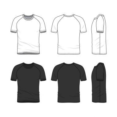 Vektör şablonları giyim ayarlayın. Ön, arka, yan sayısı boş t-shirt. Raglan kollu gömlekle. Spor giyim, tek tip kıyafet. Beyaz ve siyah renk varyasyonları. Moda illüstrasyon.