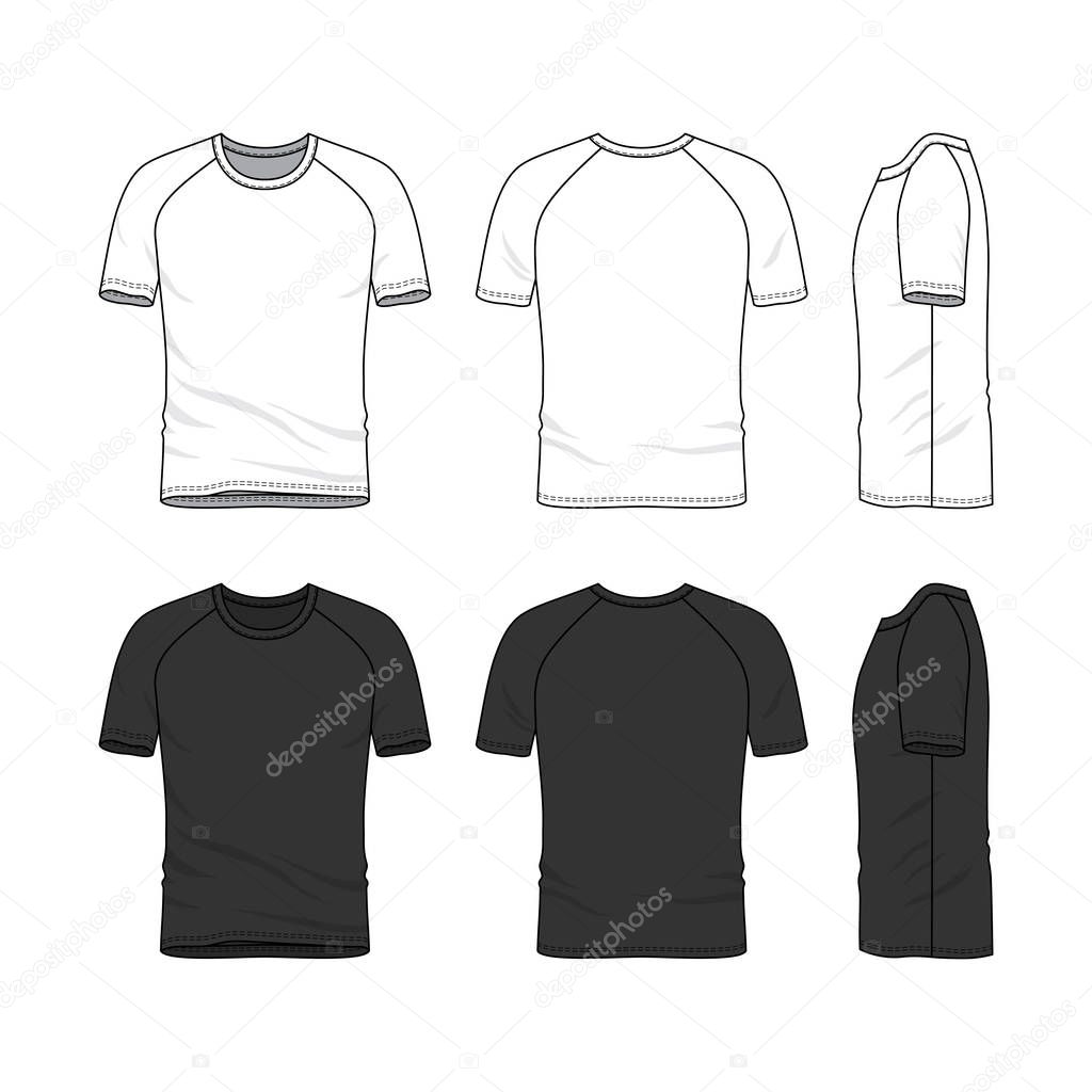 Vector templates of clothing set. Front, back, side views of blank t-shirt. Shirt with raglan sleeves. Sportswear, uniform clothes. White and black colors variations. Fashion illustration.