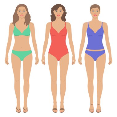 Güzel kadınların farklı renkli yüzmek ve çeşitli saç modeli ile Önden Görünüm giyer. Vektör vücut şablon şekil /. Kağıt bebekler. Düz tasarım.