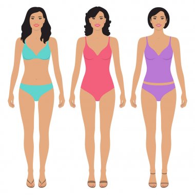 Güzel Asyalı kadınların farklı renkli yüzmek ve çeşitli saç modeli ile Önden Görünüm giyer. Vektör vücut şablon şekil /. Kağıt bebekler. Düz tasarım.