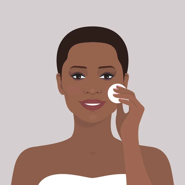 Avatar Portrait Beautiful African American Woman Cleaning Her Face Cotton — Stock Vector