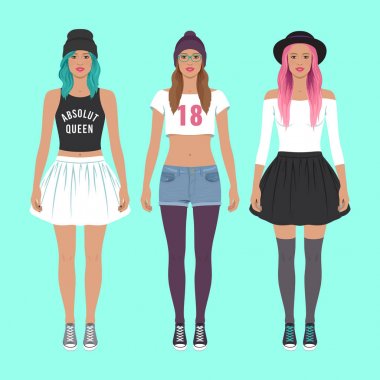 Şirin hippi kız ile çeşitli saç modeli ve farklı şapka ve giyer. Moda hippi tarzı. Vektör düz çizim. Kızlar illüstrasyon ayarlayın. Kağıt bebekler. 