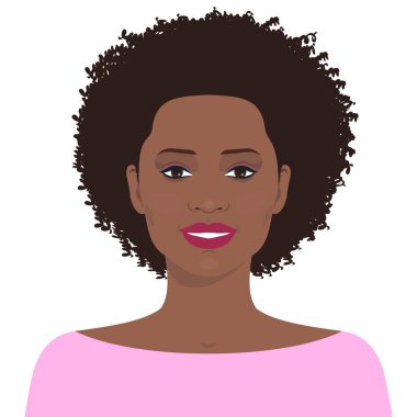 Düz kadın yüzü. Gülümseyen güzel Afrikalı-Amerikalı genç kız avatar. Vektör çizim. 