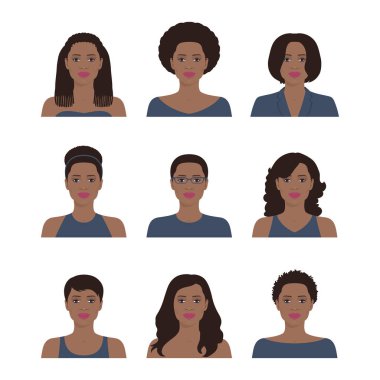 Çeşitli saç stili ile güzel bir Afrikalı-Amerikalı kadın portreleri. Vektör avatar profilleri kümesi. Düz simge tasarlamak