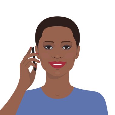 Mobil telefonda konuşurken gülümseyen Afrikalı-Amerikalı genç kız portresi. Vektör çizim. Teknoloji ve iletişim. Düz tasarım.