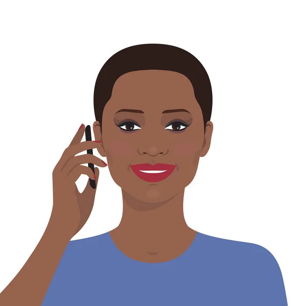 Portret Van Lachende Afro Amerikaanse Jong Meisje Praten Mobiele Telefoon — Stockvector