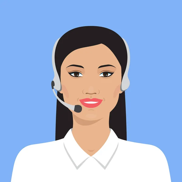 微笑的亚洲女人头像肖像 欢快的支持电话或呼叫中心操作员在耳机 简单的平面设计 矢量插图 — 图库矢量图片