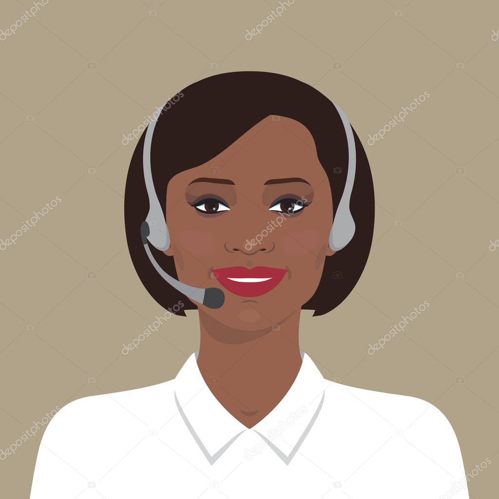 Avatar portrait of a beautiful smiling african american woman. Cheerful support phone or call center operator in headset. Simple flat design. Vector illustration. 
