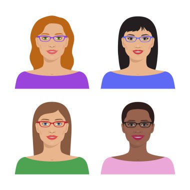 Vektör avatar simge seti. Uluslararası Portreler. Kadın avatarları avatar. Kadınlar farklı milletin. Kadınlar, gözlüklü kız ve çeşitli saç modeli. Vektör düz çizim.