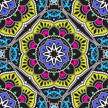 Renkli Arabesk, mandala desen Etnik tarzda. Ev dekor Tekstil, moda giysiler, ambalaj kağıdı, duvar kağıdı, arka planlar, scrapbook kağıt, davet ve tebrik kartları için seamless modeli.